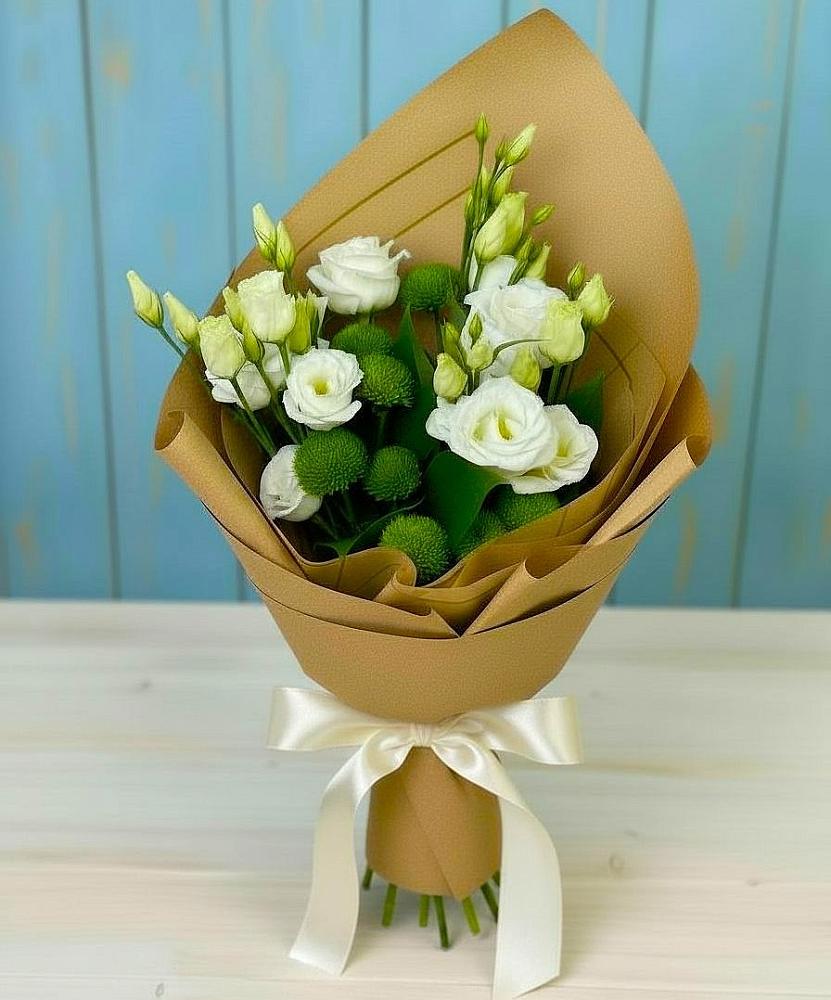 Букет цветов из: Хризантемы и Лизиантусы в Камешково