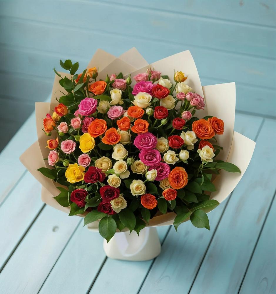 Букет Микс из разноцветных кустовых роз в Камешково