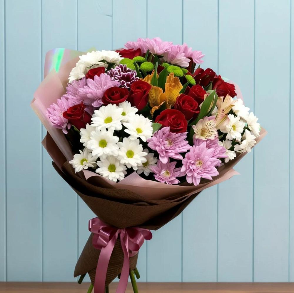 Букет цветов из: Розы, Хризантемы и Альстромерии в Камешково