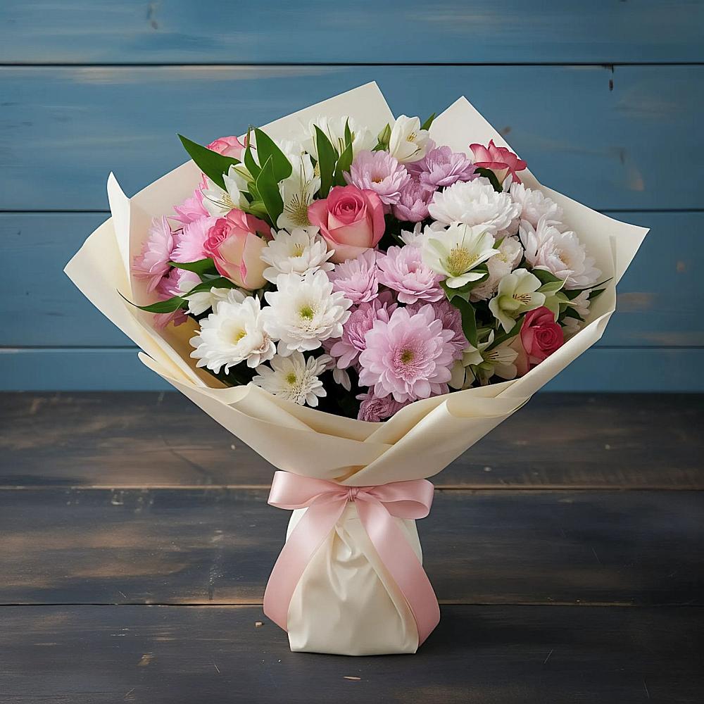 Букет цветов из: Хризантемы, Альстромерии и Розы в Камешково